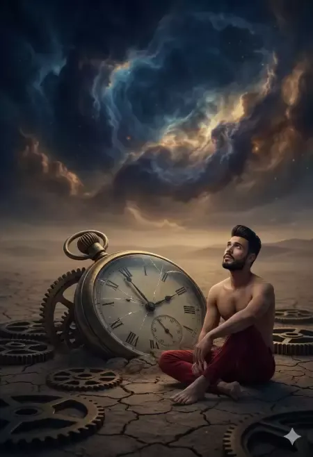 Man with Giant Clock in Desert