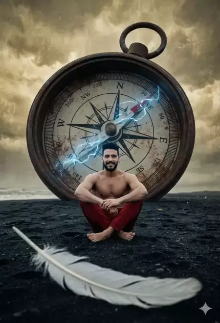Man and Giant Compass on Volcanic Sand
