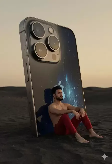 Man with Colossal Phone in Desert