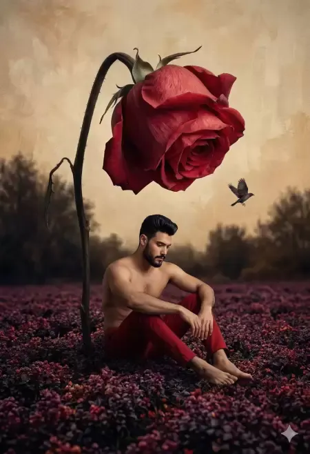 Man Beside Giant Wilting Rose in Dark Foliage Field