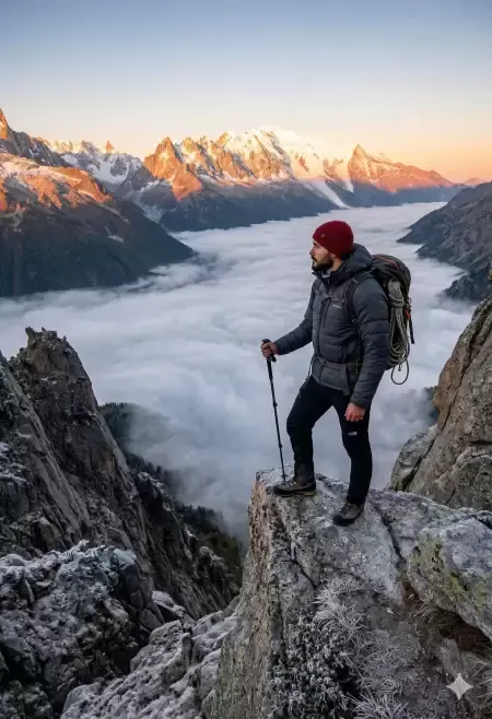 Mountain peak sunrise vista standing lone figure