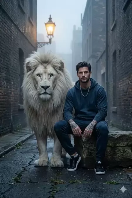 Man and white lion in abandoned alley