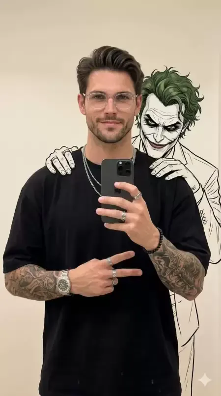 Man mirror selfie with Joker illustration behind