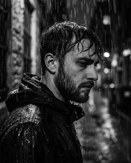 Moody close-up man profile in heavy rain: görsel üretimi çalışma akışı