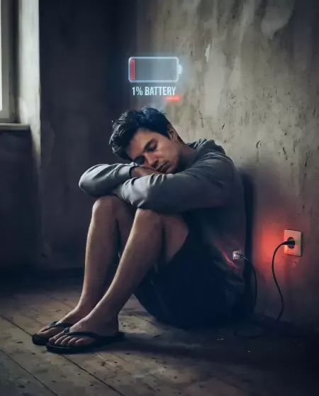 Low battery man charging against wall