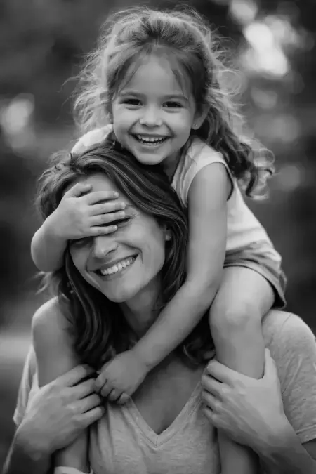 Mother and daughter candid black and white portrait