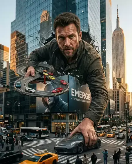 Giant man emerging from billboard in city intersection