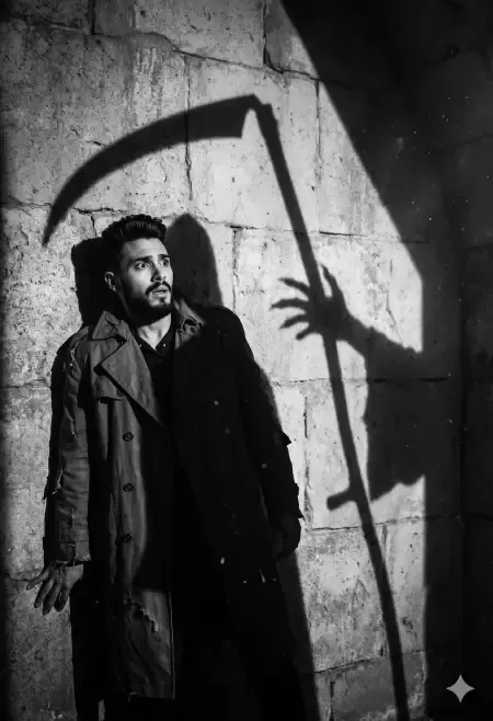 Man terrified by Grim Reaper shadow