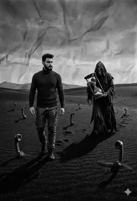 Man walking toward Grim Reaper in desert of telephones