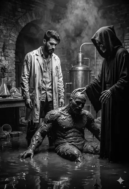 Man facing Grim Reaper in flooded cellar lab