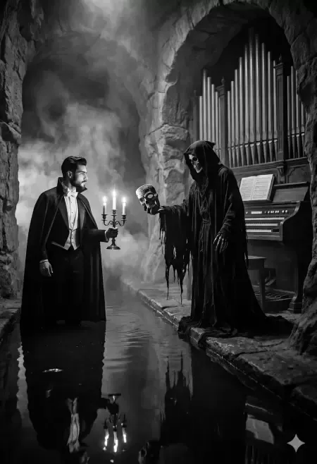 Man facing Grim Reaper in flooded catacomb with organ