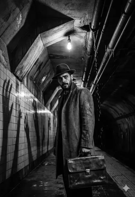 Man with briefcase in derelict subway station