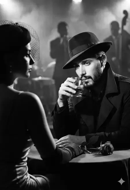 Noir man and veiled woman in smoky jazz club