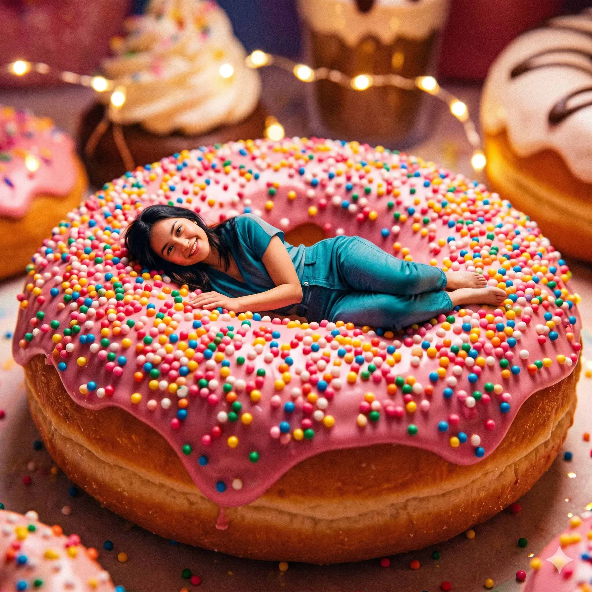 Tiny woman happy on a giant sprinkled donut: görsel üretimi çalışma akışı