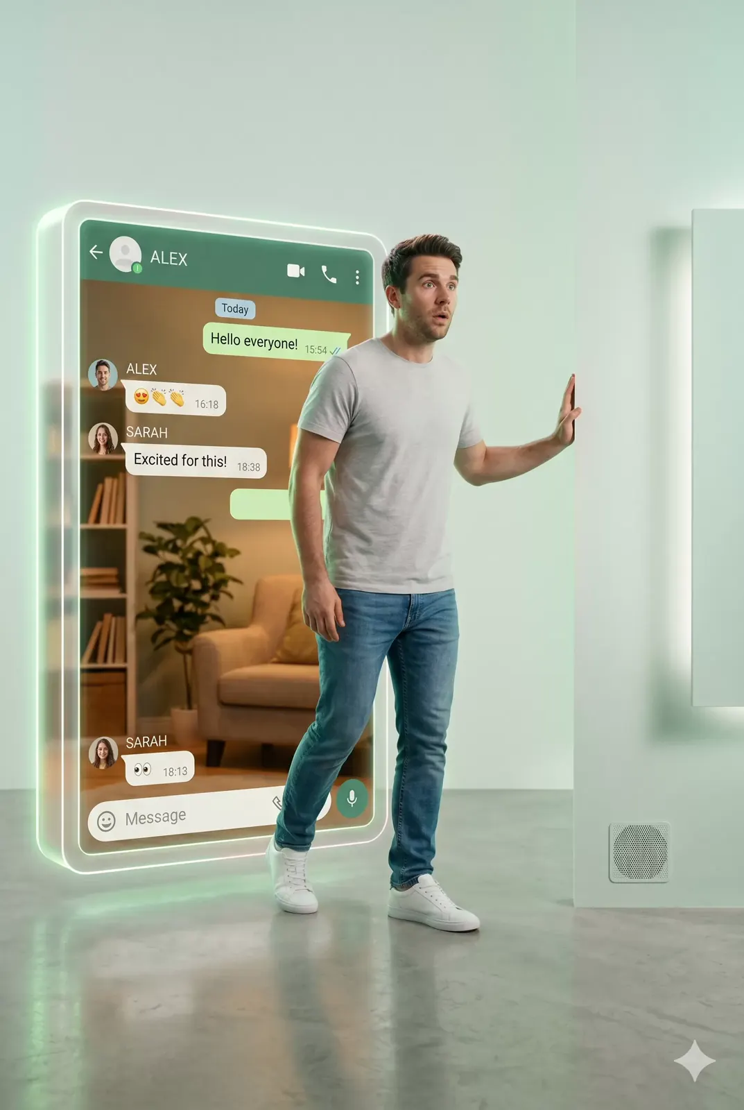 Man Stepping Out of 3D Chat Interface Poster