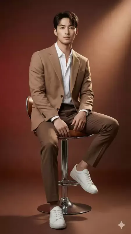 The man is wearing a brown suit