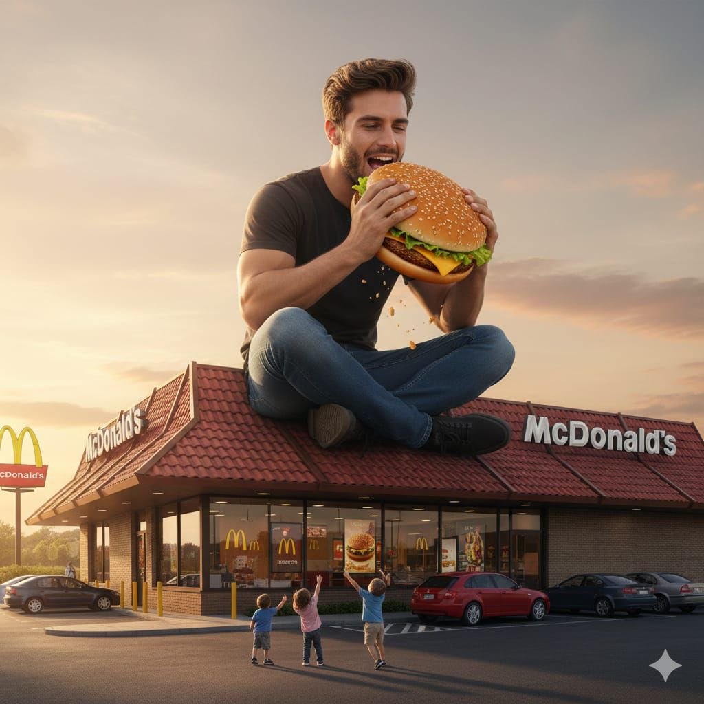Çatıdaki Dev Adam ve Dev Burger: görsel üretimi çalışma akışı