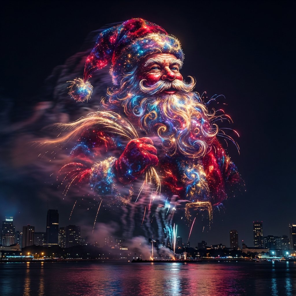 Gece Gökyüzünde Noel Baba Havai Fişekleri: görsel üretimi çalışma akışı