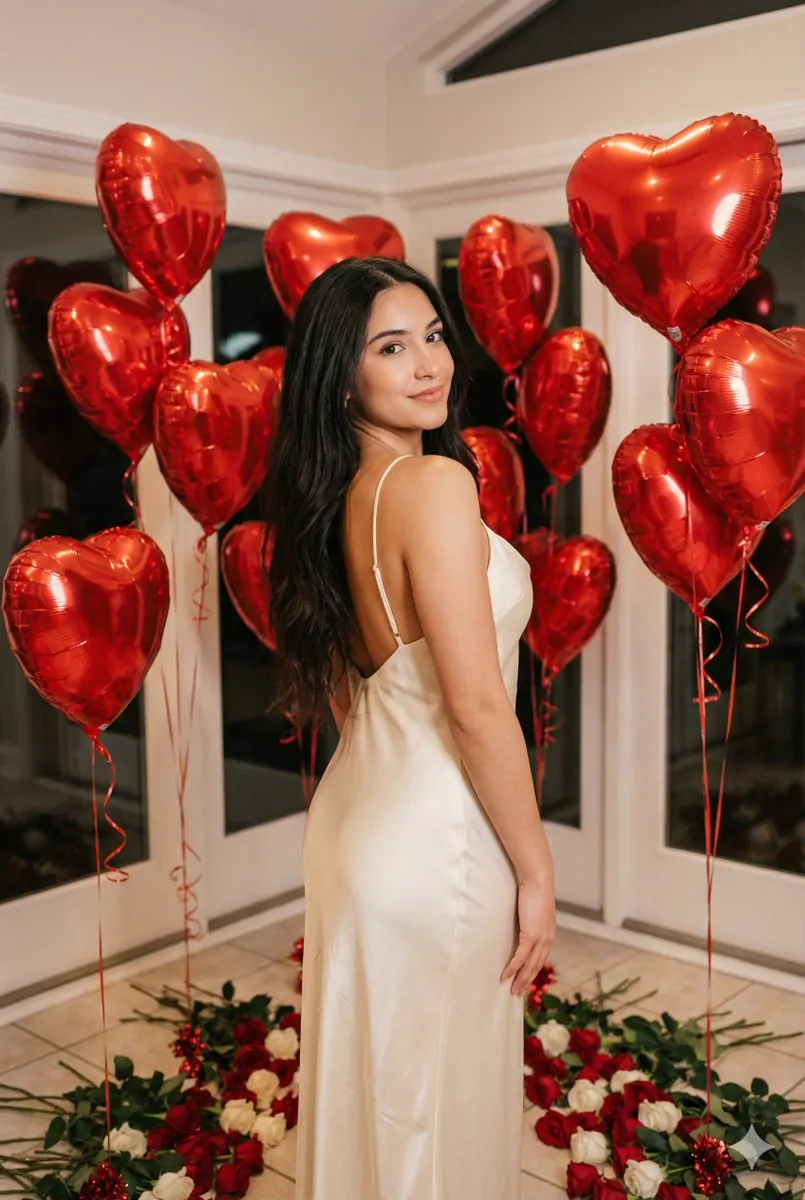Romantik Kadın Portresi Kalpli Balonlarla
